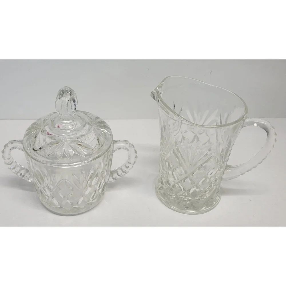 Vintage Clear Pressed Glass Creamer and‎ Lidded Sugar Bowl Set Sunburst Diamond
